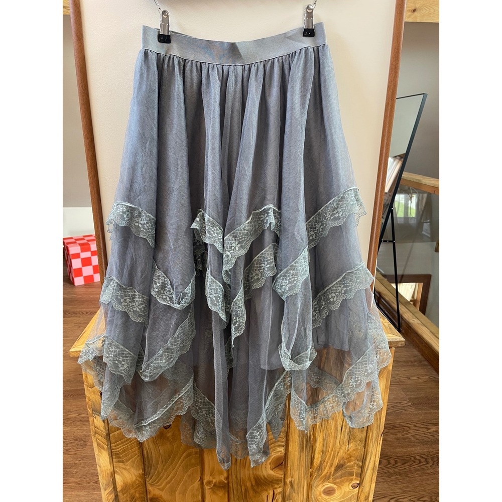 Unbranded Tulle Skirt Womens L Blue Grey Excellent Lace Trim High Low Tiered